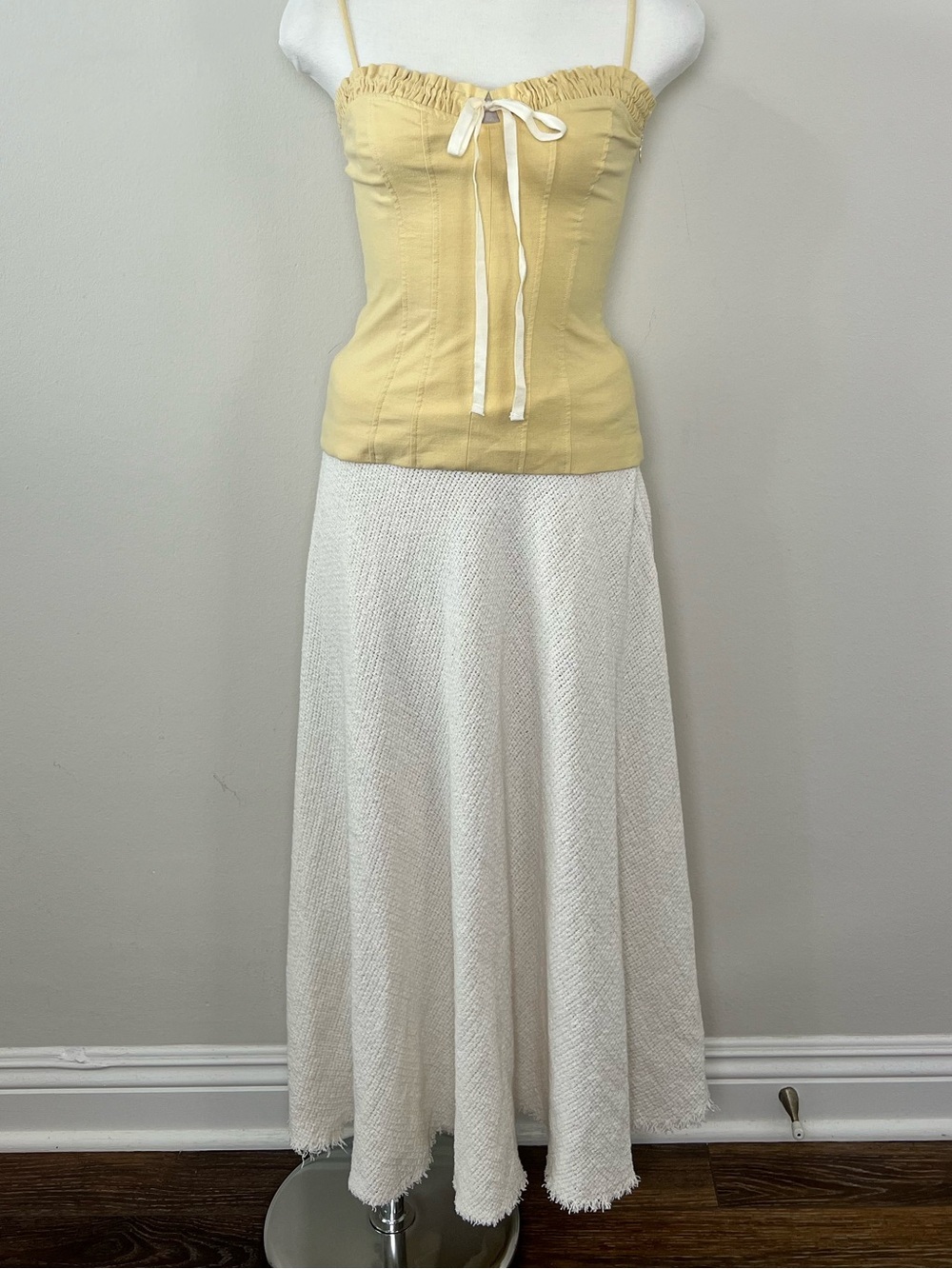 NWT Zara White Textured Knit Maxi Skirt XS Frayed Hem Coastal Cottagecore